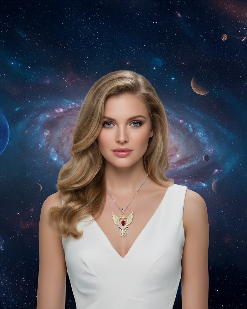 Archangel Sandalphon Talisman Pendant with Garnet and Rubies set in 925 Sterling Silver and plated in 24 k Gold