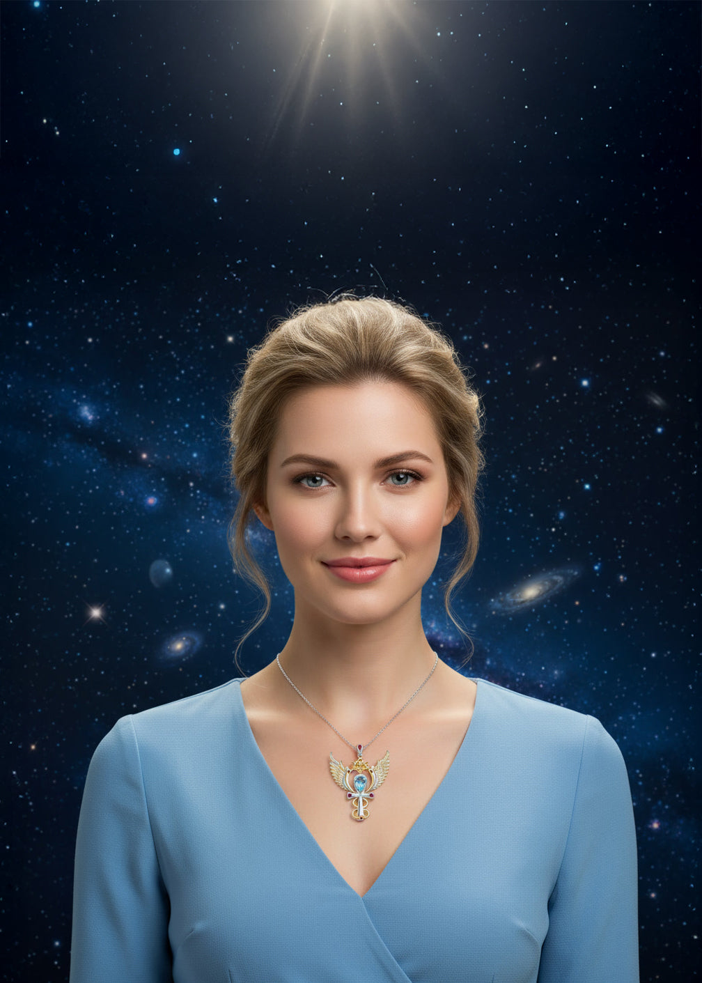 Archangel Michael Talisman Pendant with Blue Topaz and Rubies set in 925 Sterling Silver and plated in 24 k Gold