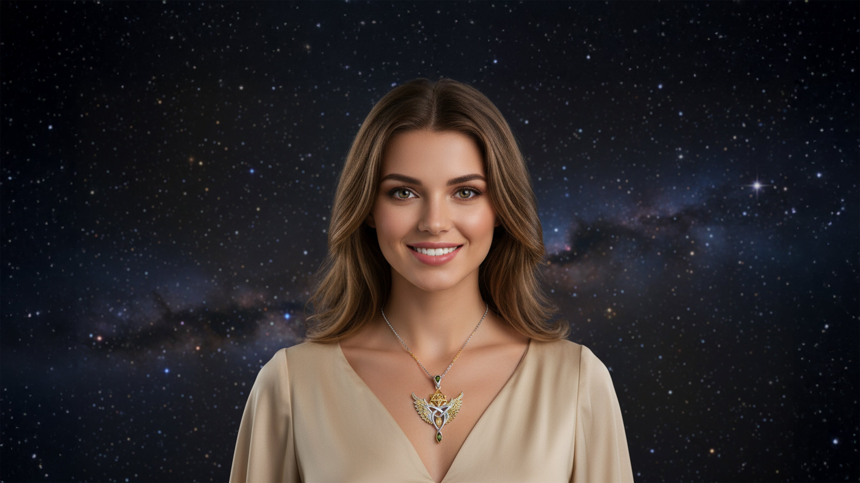 Starborne Unity Talisman Pendant with Libyan Desert Glass and Moldavites set in 925 Sterling Silver and plated in 24 k Gold