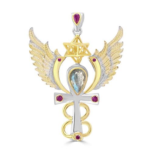 Archangel Raguel Talisman Pendant with Labradorite and Rubies set in 925 Sterling Silver and plated in 24 k Gold