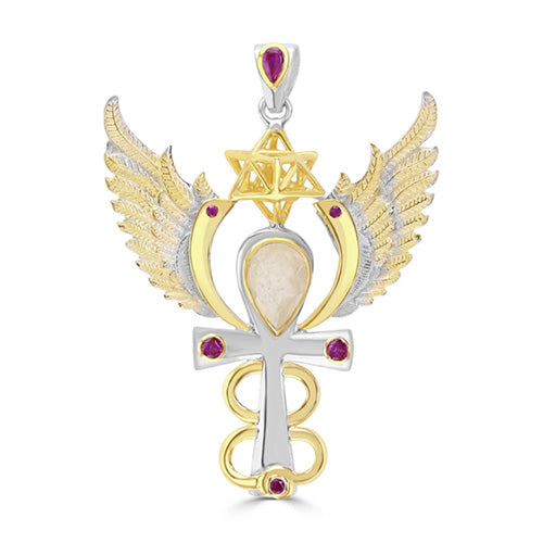 Archangel Ariel Talisman Pendant with Libyan Desert Glass and Rubies set in 925 Sterling Silver and plated in 24 k Gold