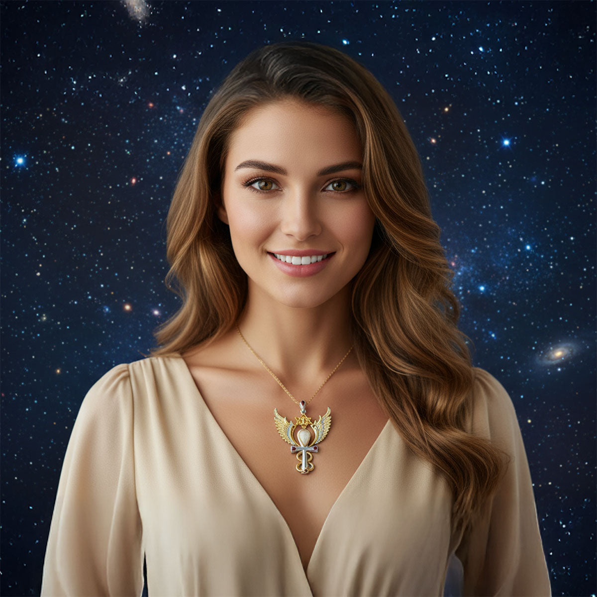 Archangel Ariel Talisman Pendant with Libyan Desert Glass and Rubies set in 925 Sterling Silver and plated in 24 k Gold