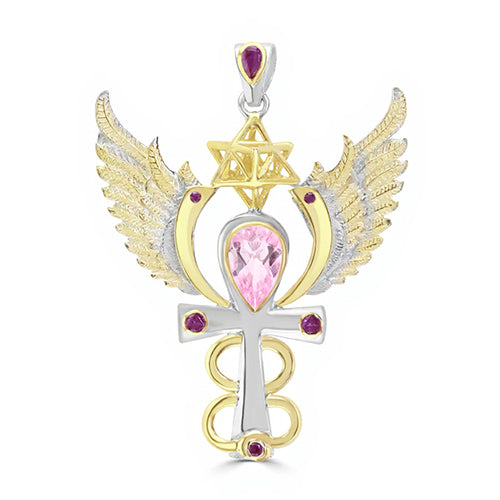 Archangel Chamuel Talisman Pendant with Rose Quartz and Rubies set in 925 Sterling Silver and plated in 24 k Gold