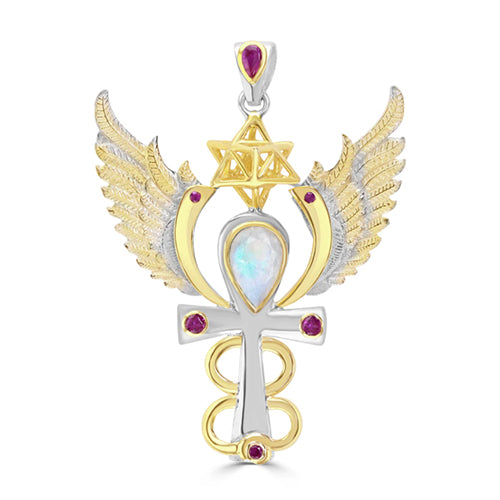 Archangel Gabriel Talisman Pendant with Rainbow Moonstone and Rubies set in 925 Sterling Silver and plated in 24 k Gold