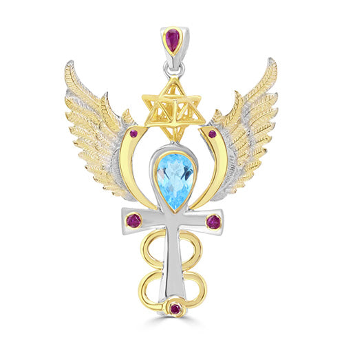 Archangel Michael Talisman Pendant with Blue Topaz and Rubies set in 925 Sterling Silver and plated in 24 k Gold