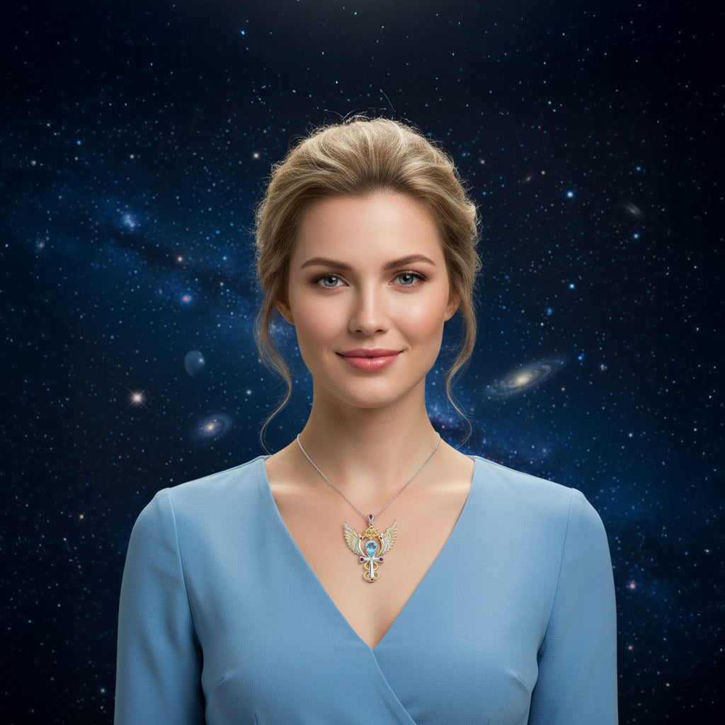 Archangel Michael Talisman Pendant with Blue Topaz and Rubies set in 925 Sterling Silver and plated in 24 k Gold