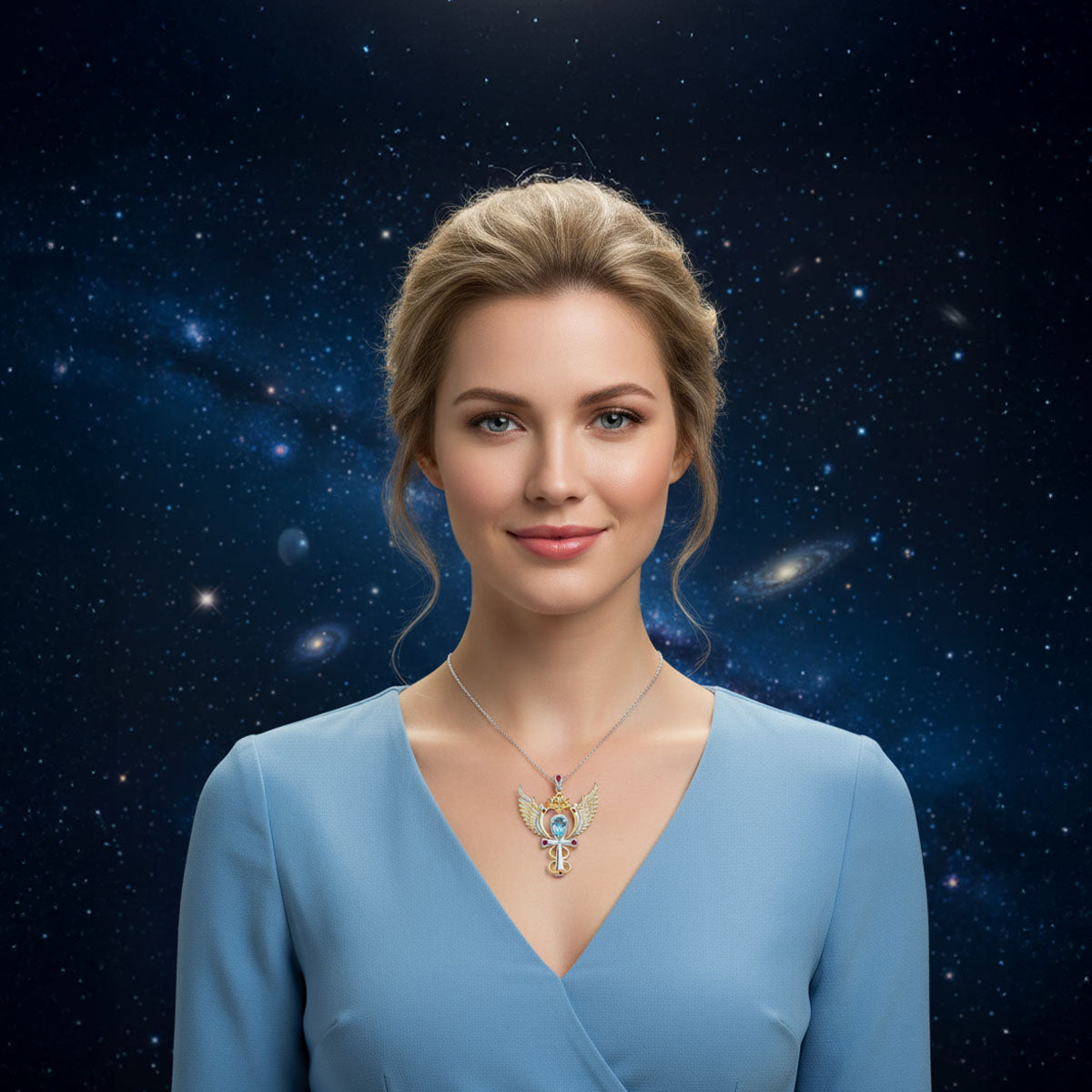 Archangel Michael Talisman Pendant with Blue Topaz and Rubies set in 925 Sterling Silver and plated in 24 k Gold