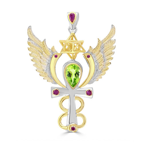 Archangel Raphael Talisman Pendant with Peridot and Rubies set in 925 Sterling Silver and plated in 24 k Gold