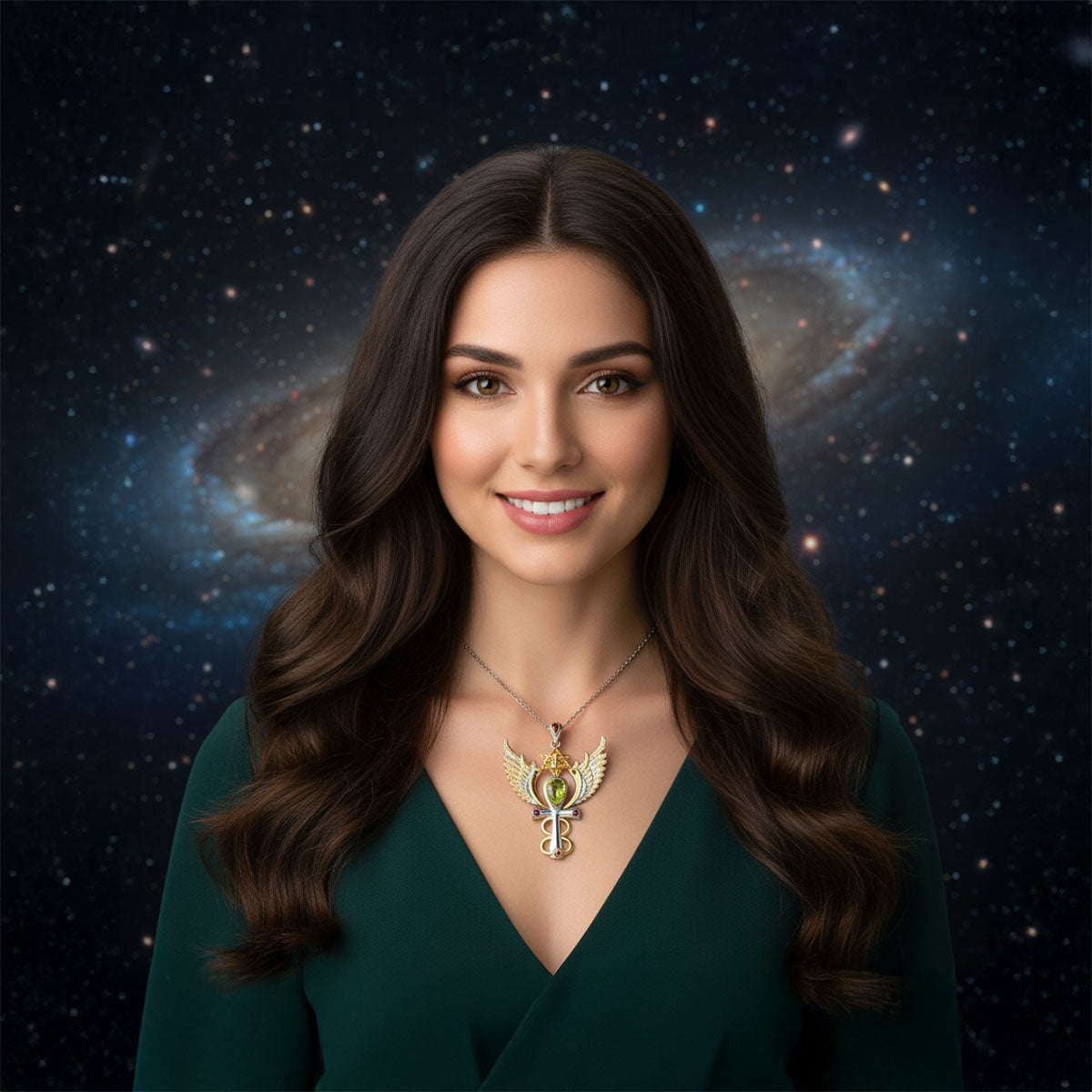 Archangel Raphael Talisman Pendant with Peridot and Rubies set in 925 Sterling Silver and plated in 24 k Gold