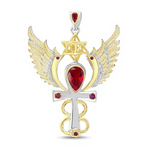 Archangel Sandalphon Talisman Pendant with Garnet and Rubies set in 925 Sterling Silver and plated in 24 k Gold