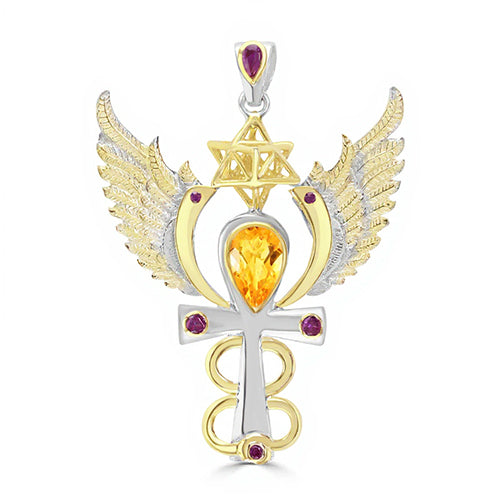Archangel Uriel Talisman Pendant with Citrine and Rubies set in 925 Sterling Silver and plated in 24 k Gold