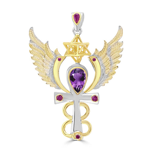 Archangel Zadkiel Talisman Pendant with Amethyst and Rubies set in 925 Sterling Silver and plated in 24 k Gold