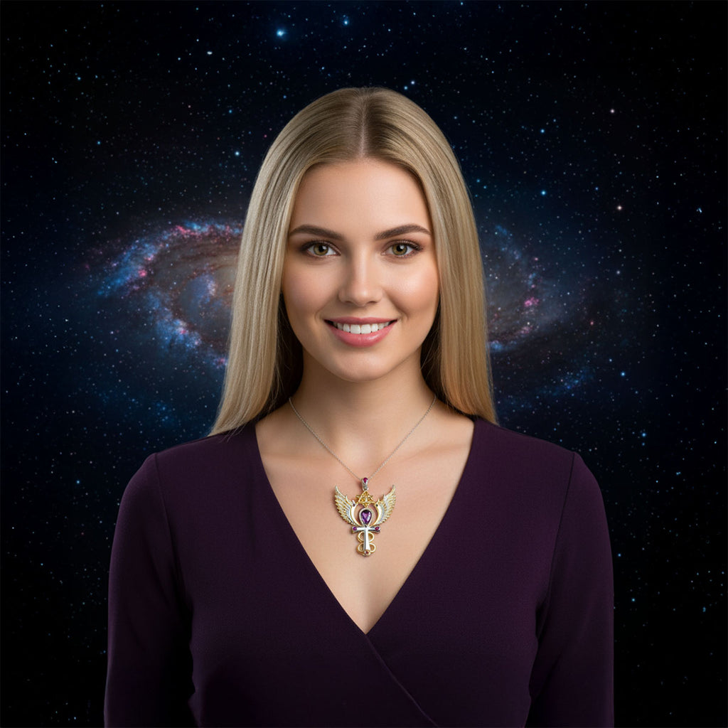 Archangel Zadkiel Talisman Pendant with Amethyst and Rubies set in 925 Sterling Silver and plated in 24 k Gold