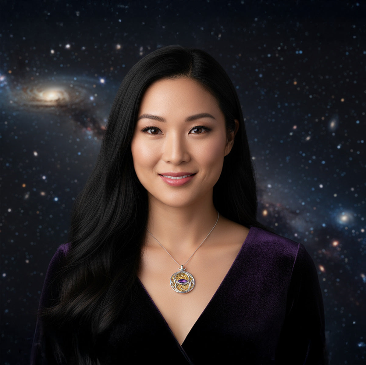 Amethyst Harmonic Union Talisman Pendant set in 925 Sterling Silver and plated in 24 k Gold