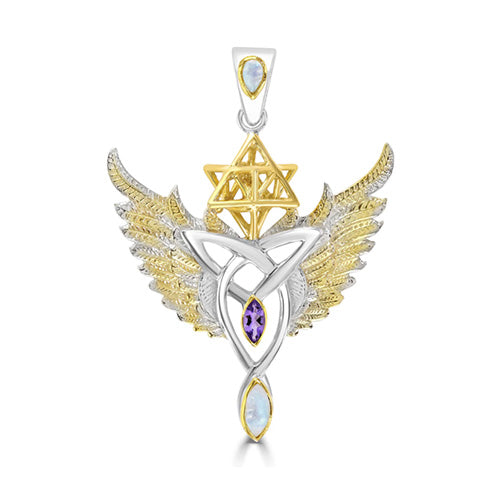 Spiritual Seeker Unity Talisman Pendant with Rainbow Moonstone and Amethyst set in 925 Sterling Silver and plated in 24 k Gold
